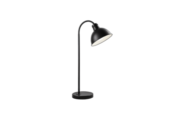 A modern black floor lamp with a clean arc design. The inner white shade glows warmly, offering ambient lighting with minimalist sophistication, isolated on a transparent background