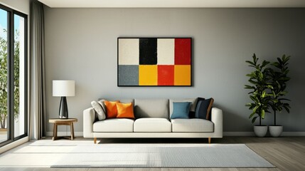 A modern living room with contemporary interior design elements, including a minimalist couch, geometric art, and natural lighting.