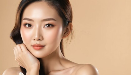 Naklejka premium beautiful Asian woman with long hair and elegant makeup