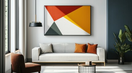 A modern living room with contemporary interior design elements, including a minimalist couch, geometric art, and natural lighting.