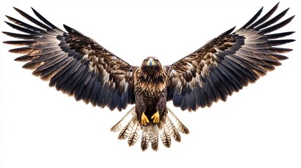  A regal eagle with wings slightly spread, set on a white background. 