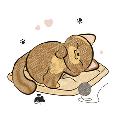 Cartoon sweet dream of sleeping kitten. Hand drawn cat isolated on white background.