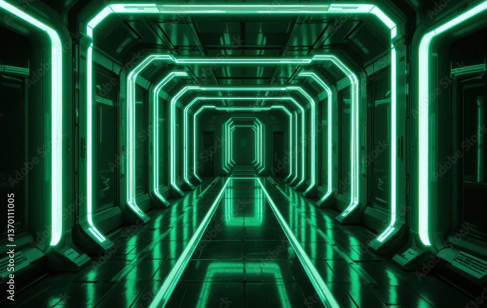Poster a futuristic corridor with green neon lights and a reflective floor creating a tunnel effect