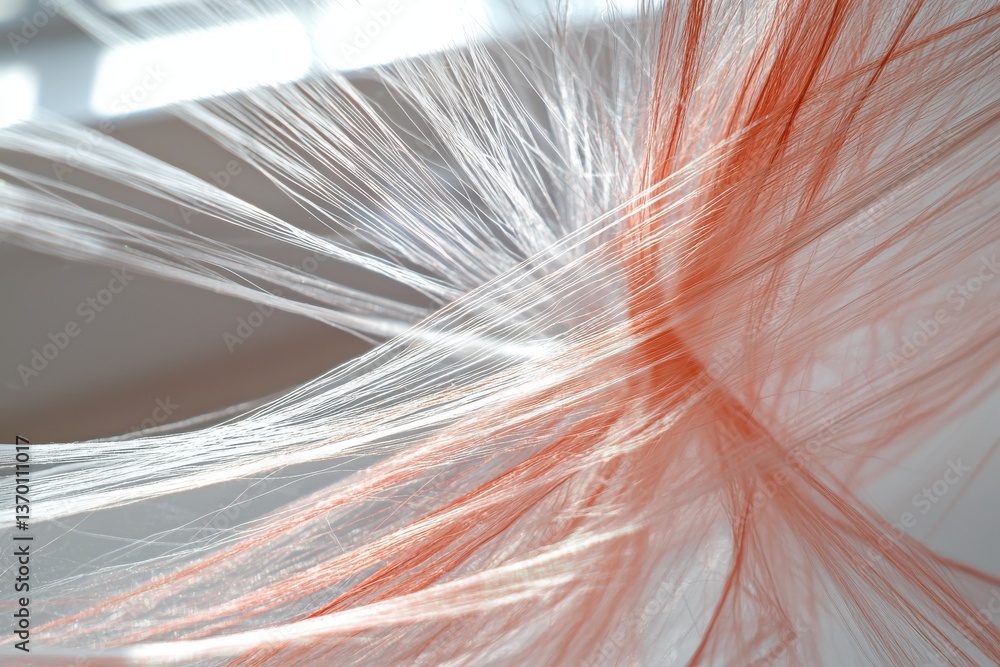 Poster a captivating macro shot of delicate white and coral colored feathers interweaving, showcasing their