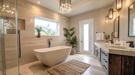A modern bathroom with an elegant freestanding bathtub, contemporary lighting, and stylish stone finishes.