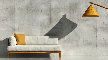 Modern sofa with yellow cushion against textured concrete wall