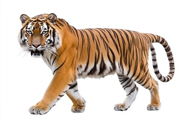  A regal Siberian tiger prowling gracefully on a white background. 