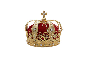 An opulent crown with a deep red velvet dome and gold arches encrusted with gemstones. Fit for royalty, it’s rich with tradition and ceremony, isolated on a transparent background