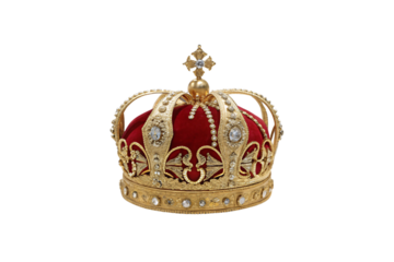 An opulent crown with a deep red velvet dome and gold arches encrusted with gemstones. Fit for royalty, it’s rich with tradition and ceremony, isolated on a transparent background