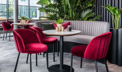 Fototapeta premium Stylish dining area with velvet chairs and indoor plants