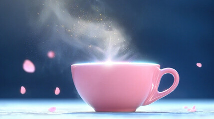 Fototapeta premium Coffee cup steam pink glow magical LED aroma create tranquil vibe with delicate petals floating in shimmer
