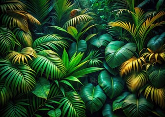 Aerial View Lush Tropical Palm Fronds, Green Wall, Exotic Leaf Textures - Drone Photography