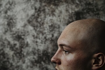 Obraz premium A close-up profile of a bald man's head against a textured gray wall, revealing skin details and intense gaze, showcasing unique masculinity.