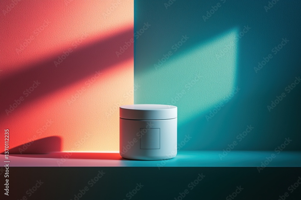 Poster a minimalist product display featuring a white container against a split coral and teal background w