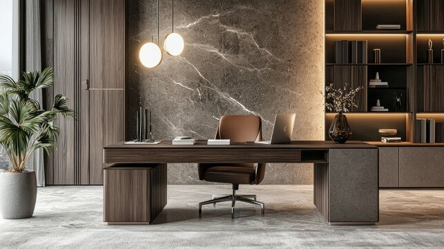 A workspace with contemporary design elements, including a modern desk, ergonomic chair, and functional yet stylish dÃ©cor.