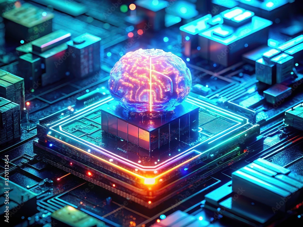 Poster ai brain circuit board night photography: neural network data processing, deep learning, artificial 
