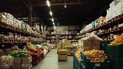 A wide-angle view of a well-stocked food warehouse featuring neatly organized shelves filled with packaged goods and fresh produce crates. The industrial setting and overhead lighting 