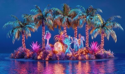 Glowing animal sculptures on tropical island at night
