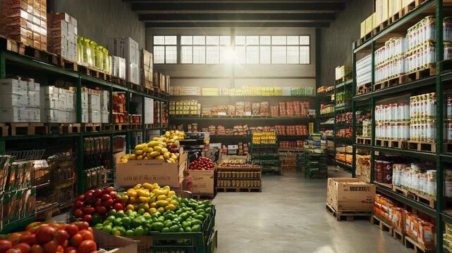 Brightly lit warehouse interior showcasing neatly arranged shelves of packaged goods and vibrant crates of fresh fruits and vegetables. The organized layout and natural lighting 