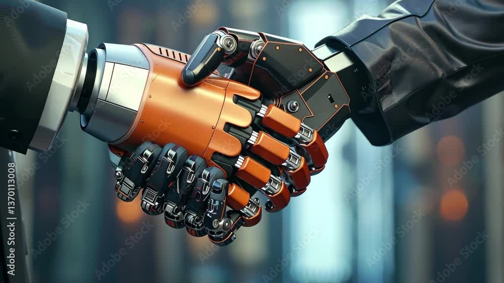 Poster a humanoid robot and human handshake in a futuristic setting showcasing collaboration and advanced t