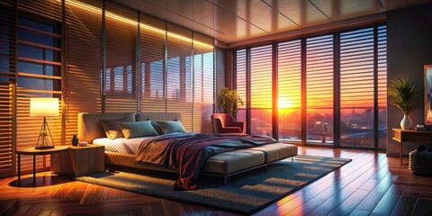 AI Generated Luxury Hotel Room: Automated Blinds, Shades, Drapes, Privacy, Modern Interior Design