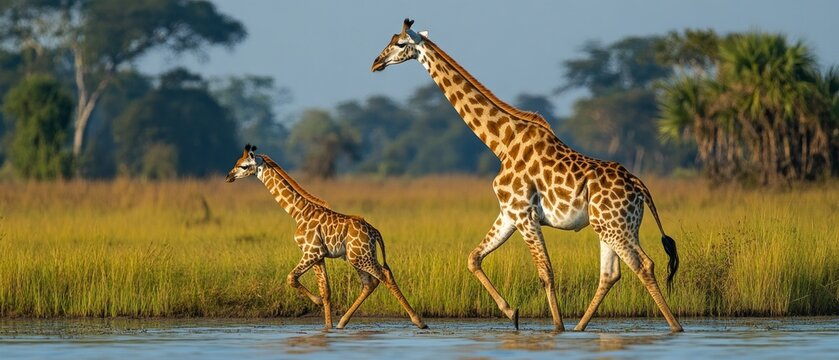 Two giraffes walking on the savannah with tall grass and palm trees in the background. For travel blogs, safari advertising, wildlife educational materials.