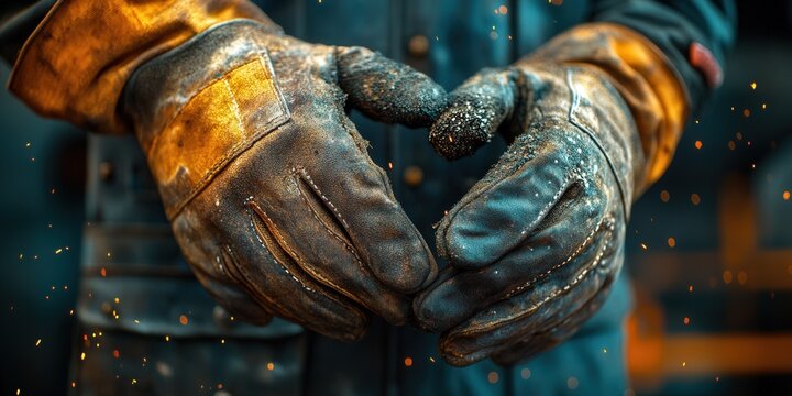 Close-up of gloved hands of a worker surrounded by sparks.