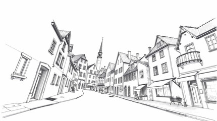 Fototapeta premium Low-angle, hand-drawn sketch of a cute, cozy European town on a sunny morning. Rough, textured pencil strokes on a white background, dramatic upward perspective.jpg