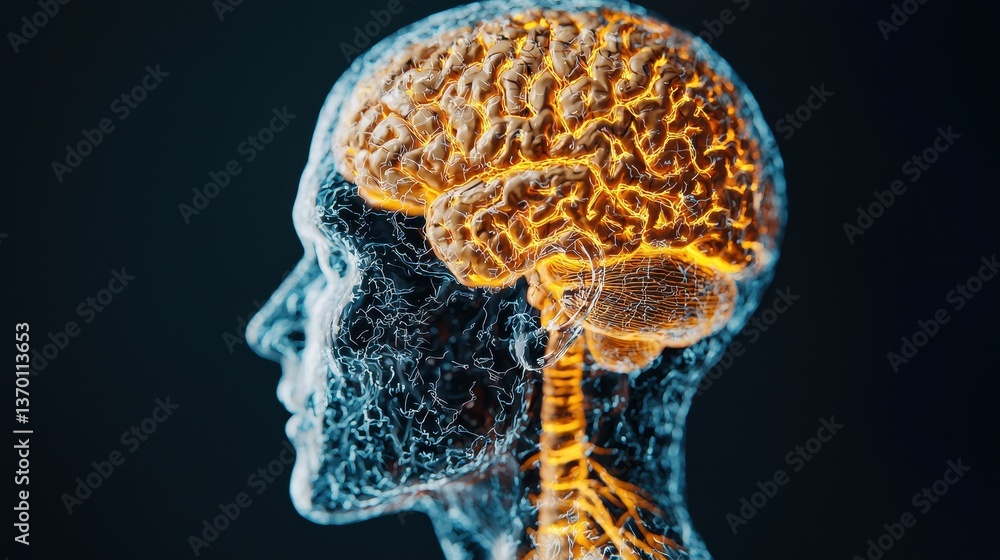 Poster human brain visualization in transparent head with neural connections
