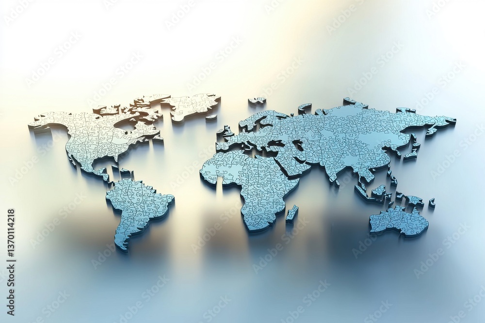Poster an abstract, 3d-rendered world map with puzzle-like details in shades of blue on a gradient backgrou