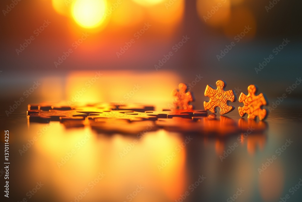 Poster close-up of puzzle pieces with a golden light reflecting on the surface, creating a warm and invitin