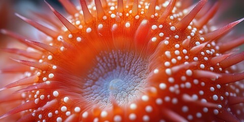 Close-up view of a vibrant sea urchin with orange spines and white dots varying in size.