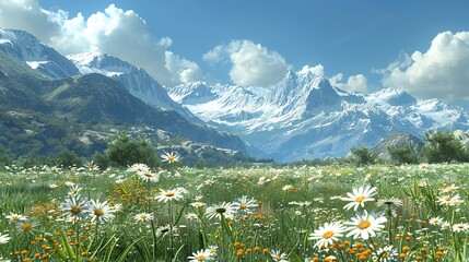  A serene alpine meadow filled with wildflowers, where snow-capped mountains rise in the distance, and the only sound is the gentle rustling of the grass in the soft mountain breeze 