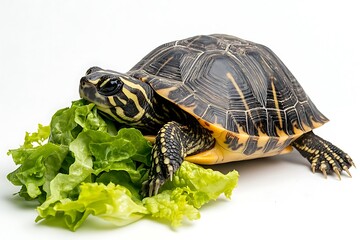 Obraz premium Turtle eating fresh green lettuce on white background studio shot close up portrait