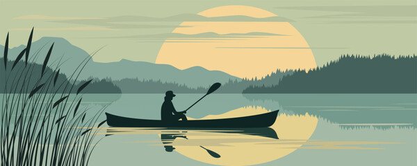 Fisherman in a boat on a lake against the backdrop of sunrise or sunset, forest, mountains, birds and reed silhouettes. A man sails in a boat against the backdrop of the sun, forest and mountains. 