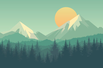 Mountain sunset, beautiful landscape illustration. High mountains covered with snow, forest silhouettes, fog and sunset.