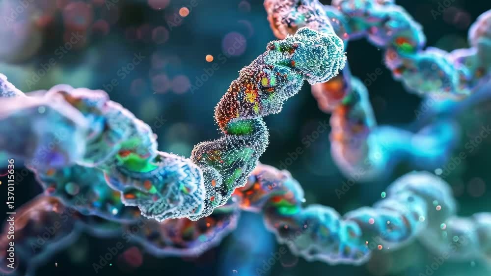 Poster a close-up view of a dna double helix structure showcasing vibrant colors and intricate details, rep