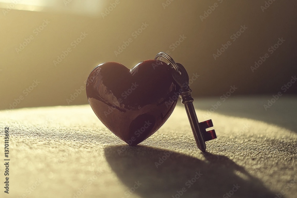 Poster a symbolic representation of love and access, featuring a heart and a key resting on a textured surf
