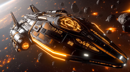 Spaceship maneuvering through dense asteroid field with bright glowing accents. Dark cosmic setting highlighting limitless space and danger. Concept of space exploration, sci-fi, gaming technology