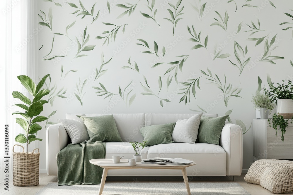 Aufkleber elegant botanical pattern enhances minimalist living space with soft green hues and balanced design