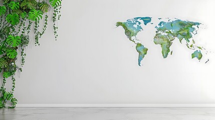 A minimalistic room displays a wall map with green leafy plants