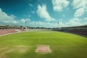 Wide-Angle Shot of an Empty Cricket Stadium.