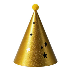 A golden party hat with stars and a yellow pom pom on top isolated against a black background