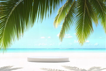 Fototapeta premium Tropical Beach Platform Stage – White Podium on Sandy Paradise with Palm Trees and Ocean View for Summer Internship Presentations, Job Fair Displays, and Career Opportunity Advertising