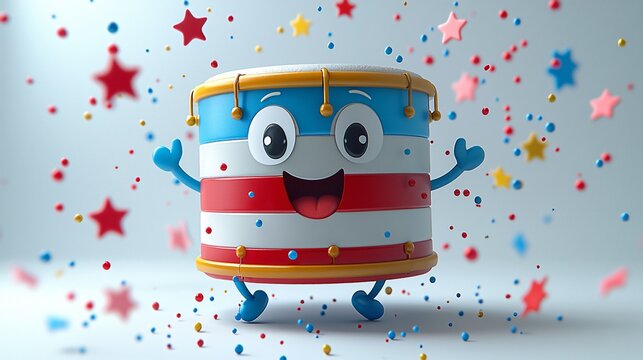 Patriotic Drum Cartoon Celebration with Stars and Stripes Fun Joyful Festive Delight of excellence.