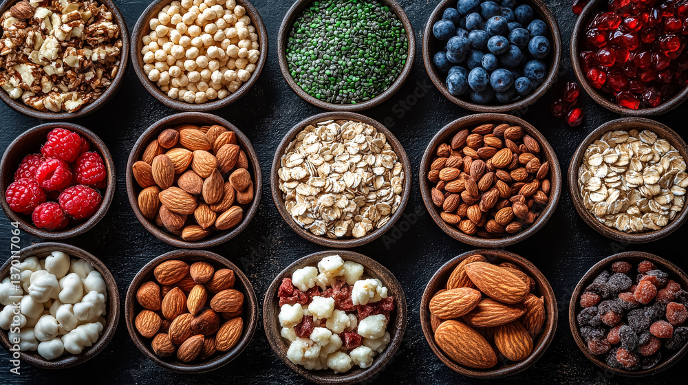 Poster variety of nuts and dried fruit are displayed in bowls on a table. the bowls are arranged in a row, 