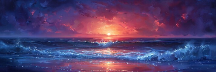  A serene coastal scene at twilight, with soft waves lapping at the shore and the sky ablaze with the vibrant colors of the setting sun. 