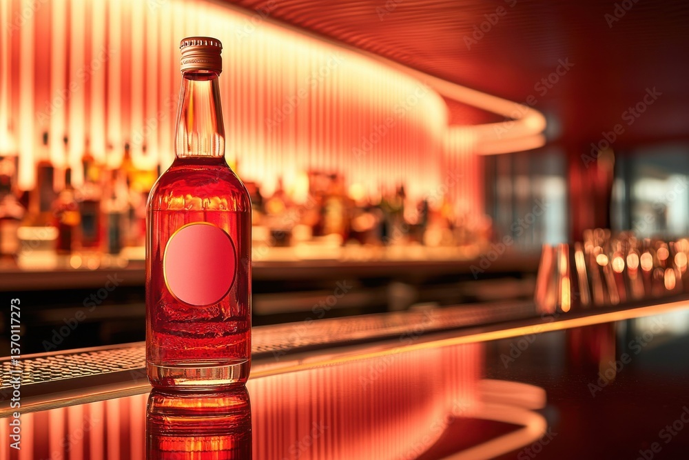 Poster vibrant red bottle with blank label on a bar, reflecting the ambient lights, creating an inviting at