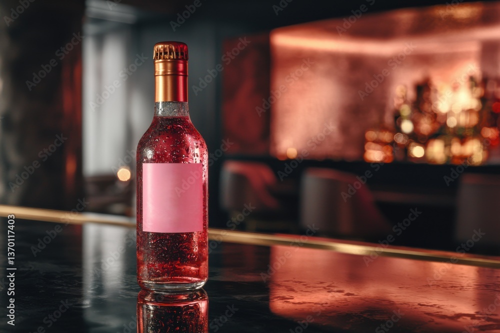 Poster a refreshing rose wine bottle with condensation on a bar counter with a gold cap, creating a sophist