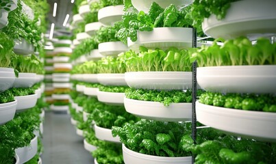 Obraz premium Indoor vertical farm with lush green plants, sustainable agriculture technology